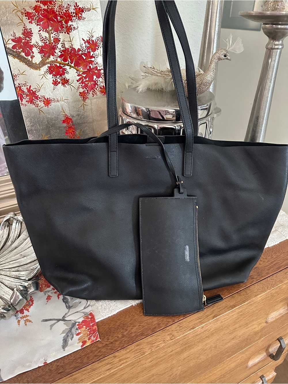 Yves Saint Laurent Black Leather Tote with Zip Pouch